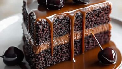 Decadent Chocolate Cherry Cake with Caramel Drizzle: A Dessert Lover’s Dream