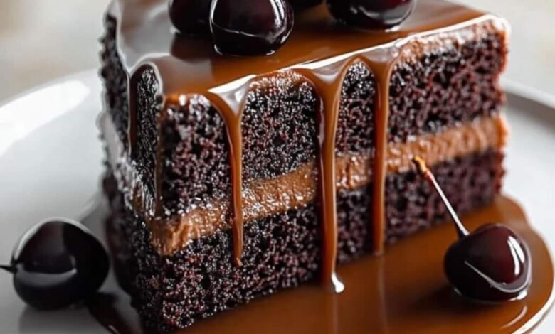 Decadent Chocolate Cherry Cake with Caramel Drizzle: A Dessert Lover’s Dream